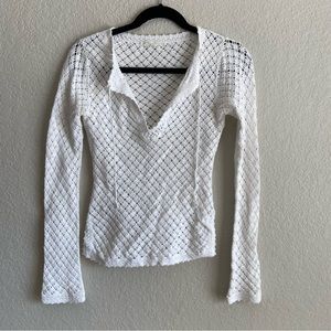 Vintage Y2K Crochet Open Knit Sweater Boho 2000s Long Sleeve Top